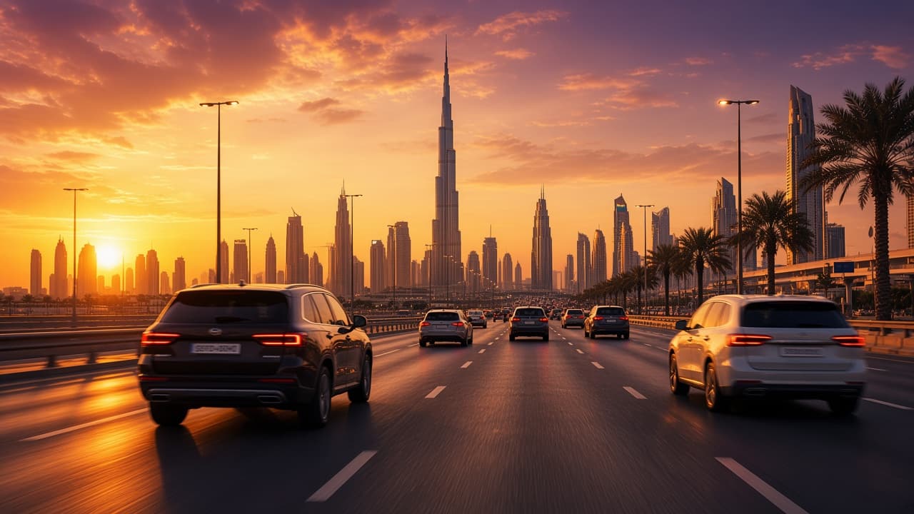 Dubai highway at sunset